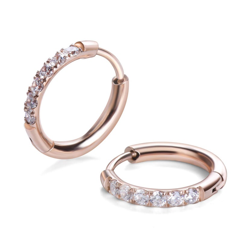 showself Rose Gold Cubic Zirconia Earrings, Small Cartilage Hoop Earring for Women Men 18G Stainless Steel Tragus Earring Forward Helix Earring Hypoallergenic Sensitive Ear Sleeper Earrings 8MM - Image 1